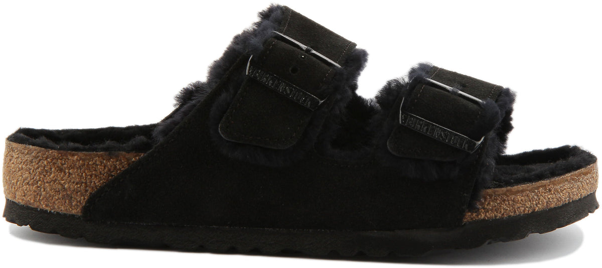 Sandales Birkenstock Arizona | daim doublé de peau lainée noir pour femmes