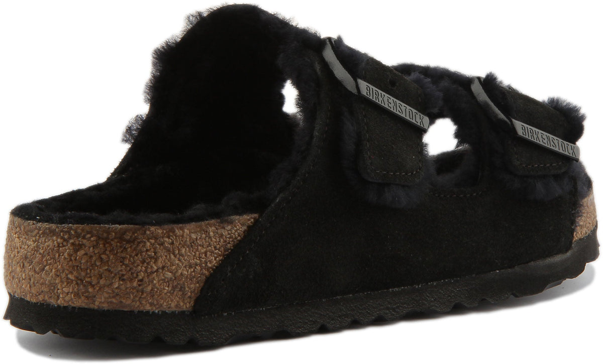 Sandales Birkenstock Arizona | daim doublé de peau lainée noir pour femmes
