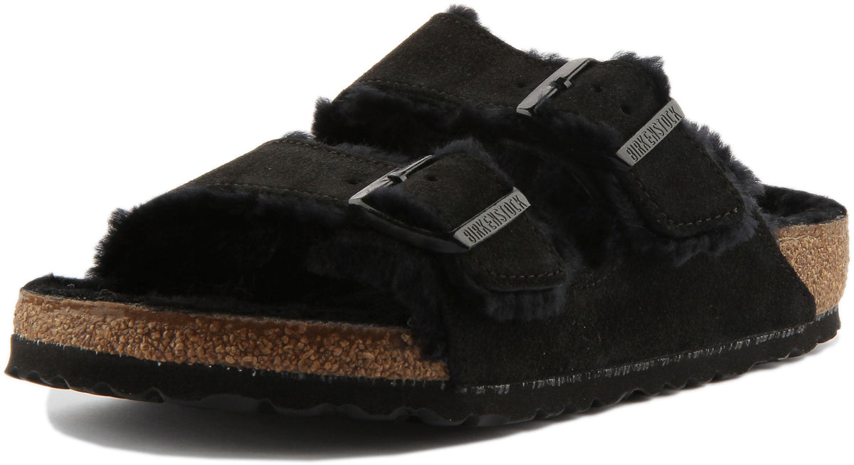 Sandales Birkenstock Arizona | daim doublé de peau lainée noir pour femmes