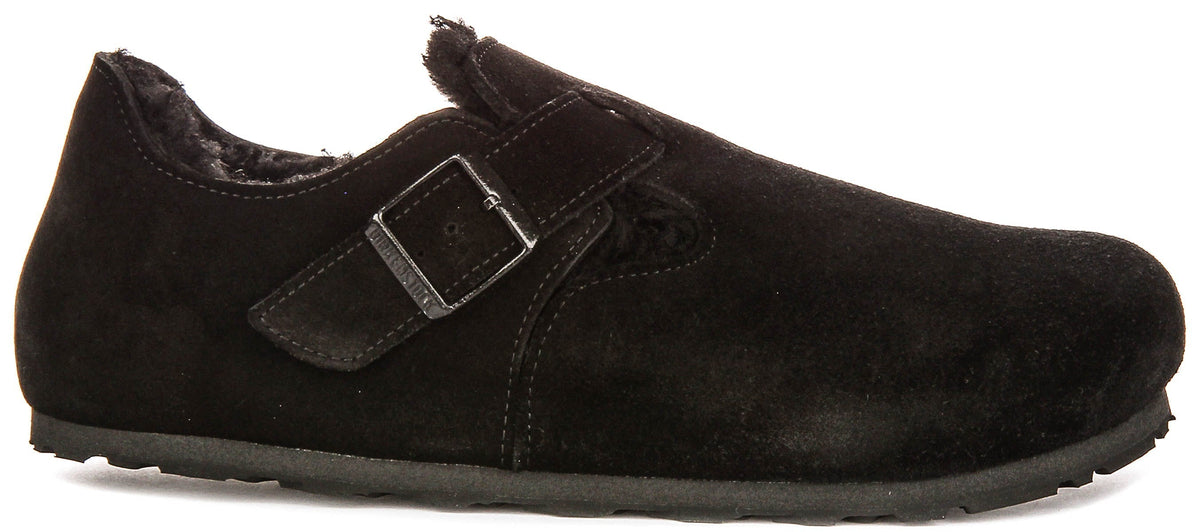 Birkenstock London-klompen | Zwart suède met voering van lamsvel voor dames - Normale pasvorm
