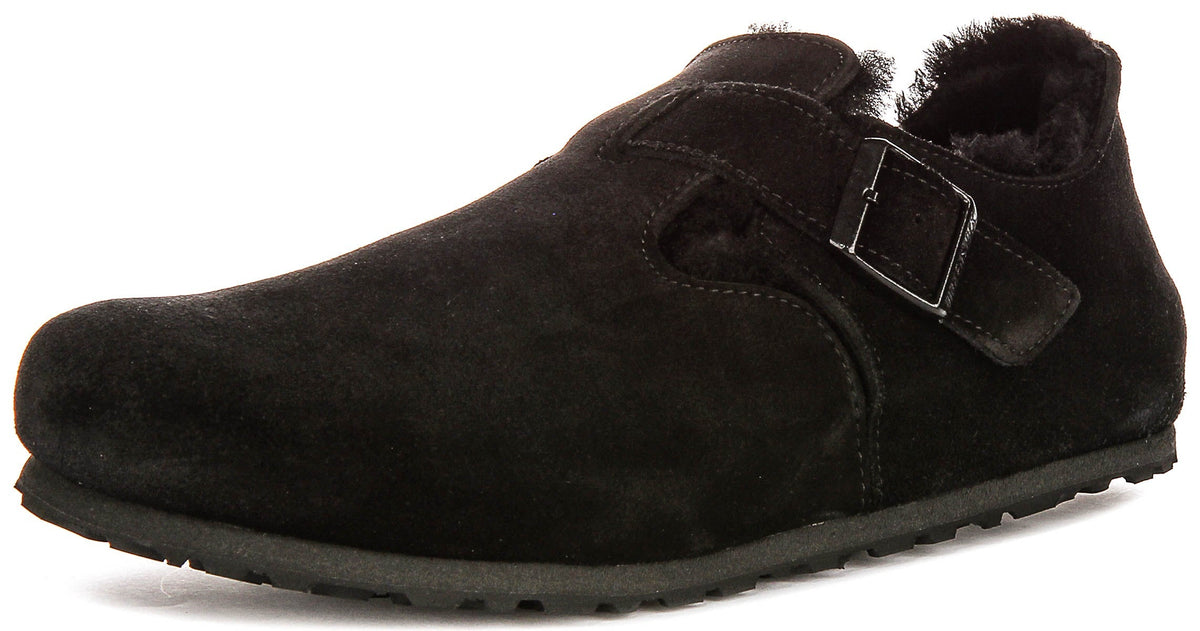 Birkenstock London-klompen | Zwart suède met voering van lamsvel voor dames - Normale pasvorm