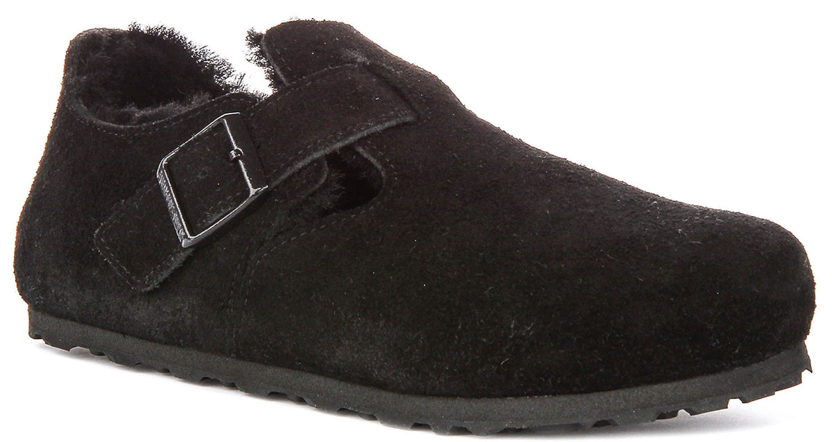 Zuecos Birkenstock London | ante negro con forro de borreguito para hombre y mujer - ajuste estrecho