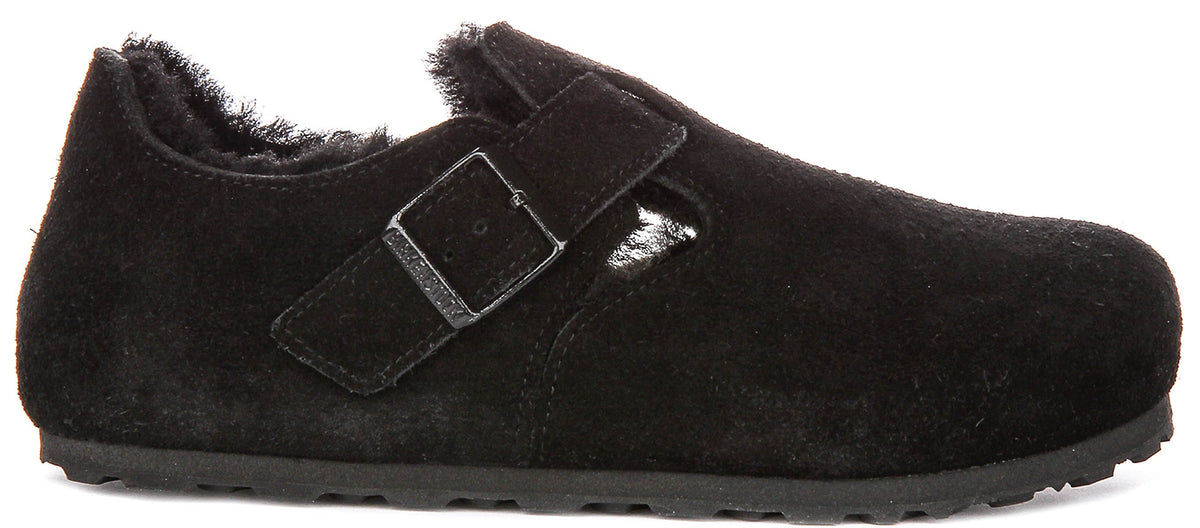 Zuecos Birkenstock London | ante negro con forro de borreguito para hombre y mujer - ajuste estrecho
