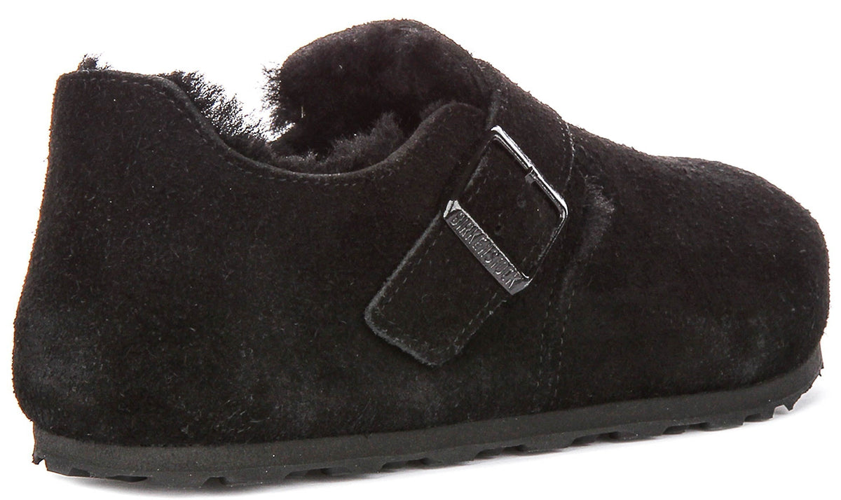 Zuecos Birkenstock London | ante negro con forro de borreguito para hombre y mujer - ajuste estrecho