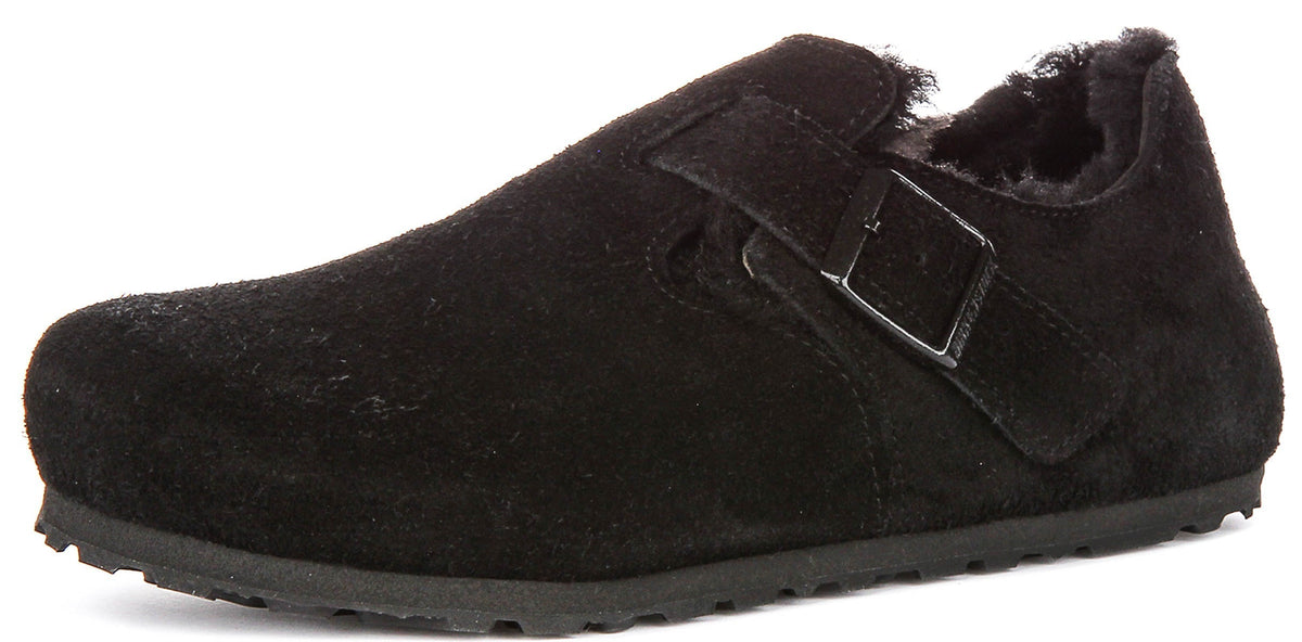 Zuecos Birkenstock London | ante negro con forro de borreguito para hombre y mujer - ajuste estrecho