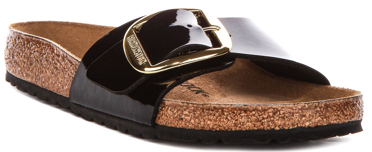 Sandali Birkenstock Madrid | Pelle nera con finitura verniciata - Big Buckle da donna - Calzata regolare