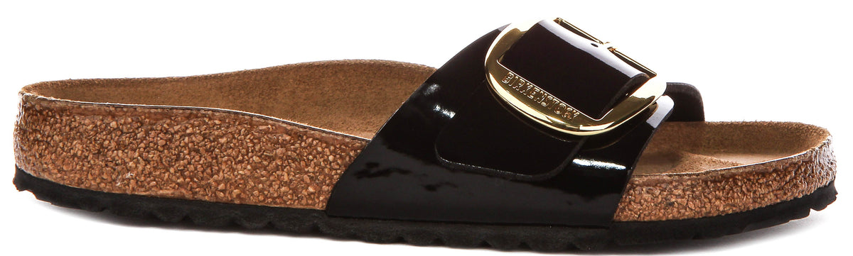 Sandali Birkenstock Madrid | Pelle nera con finitura verniciata - Big Buckle da donna - Calzata regolare