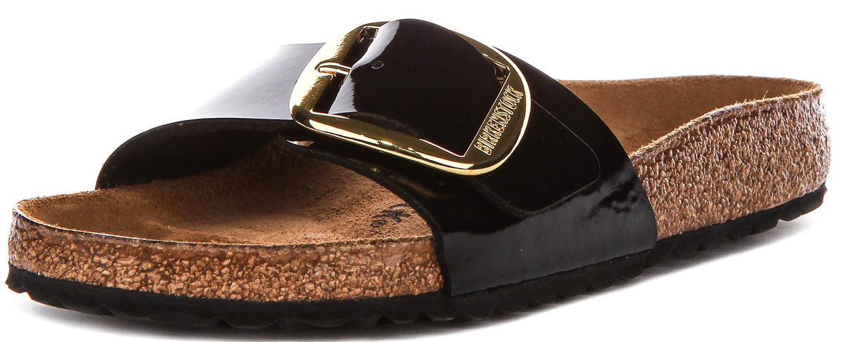 Sandali Birkenstock Madrid | Pelle nera con finitura verniciata - Big Buckle da donna - Calzata regolare