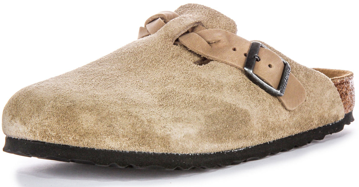 Zoccoli Birkenstock Boston | Pelle scamosciata tortora - Cinturino intrecciato da donna