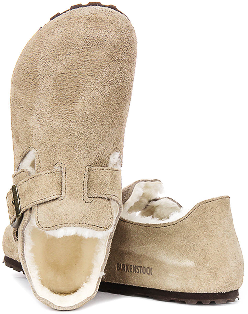 Sabots Birkenstock London | cuir suédé doublé de peau lainée taupe pour homme et femme - coupe étroite