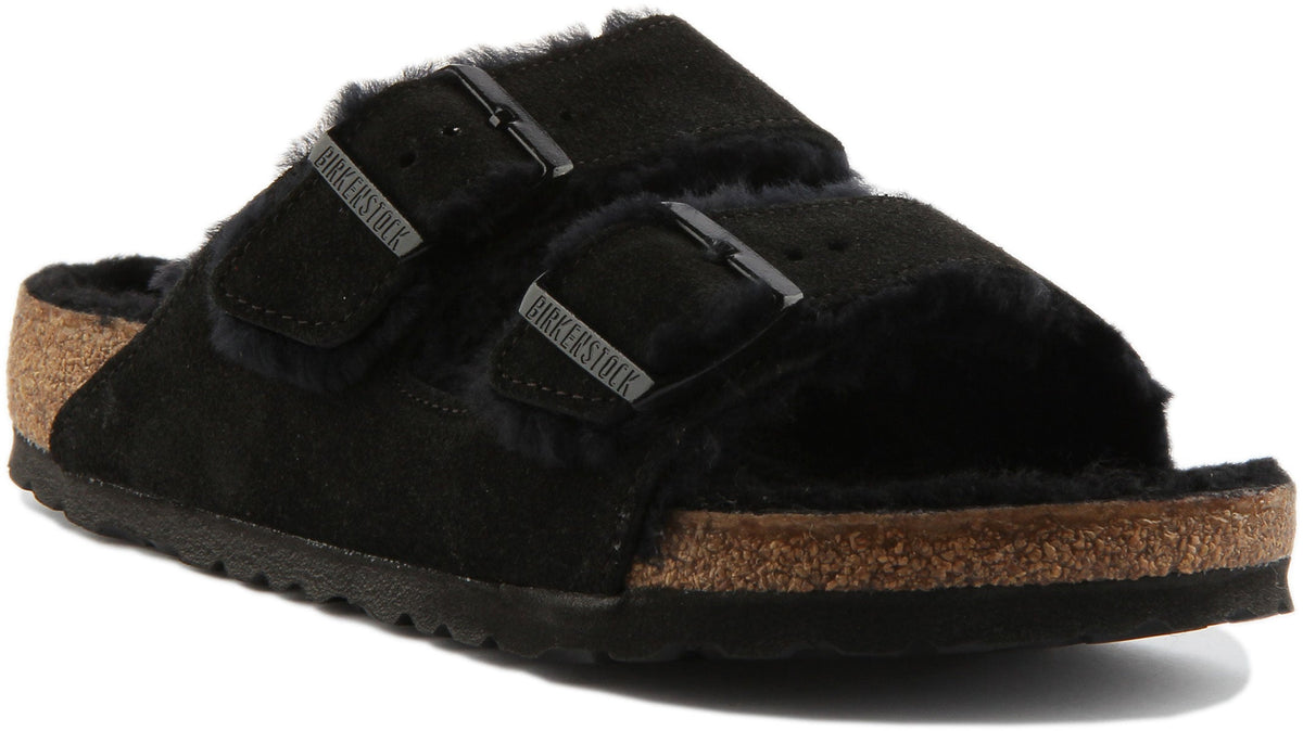 Sandales Birkenstock Arizona | daim doublé de peau lainée noir pour femmes
