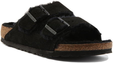 Sandales Birkenstock Arizona | daim doublé de peau lainée noir pour femmes