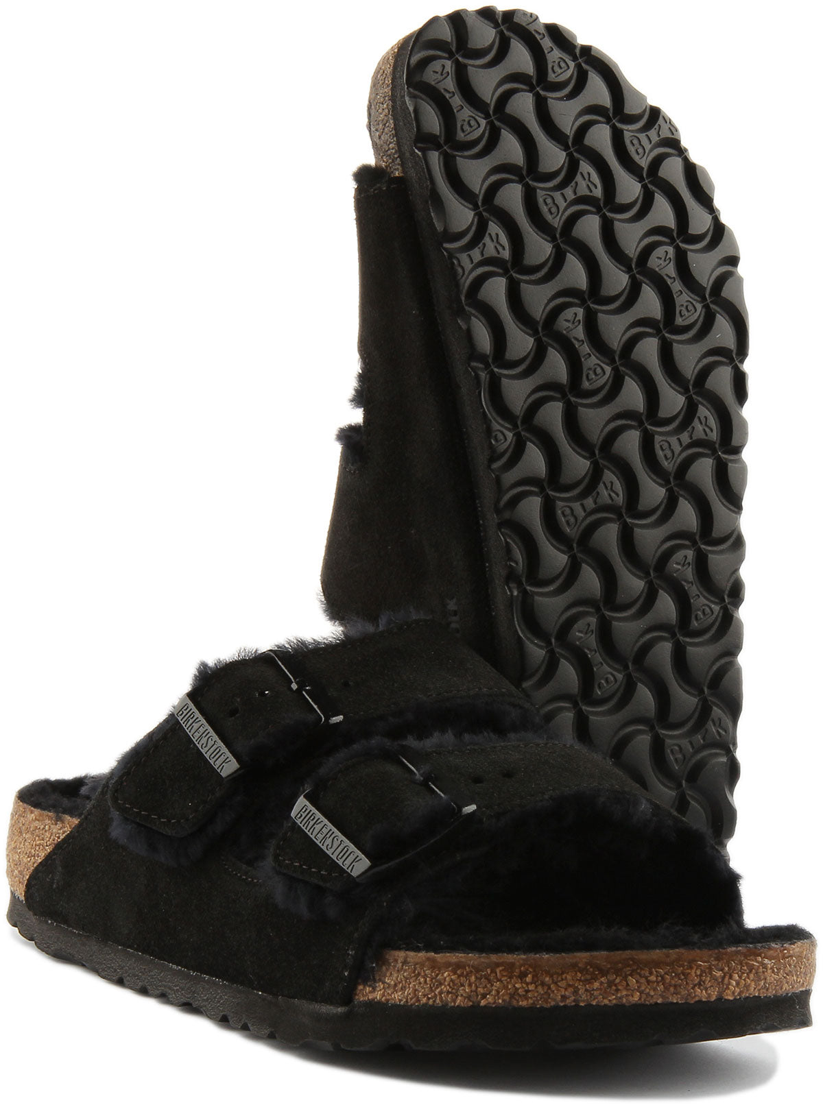Sandales Birkenstock Arizona | daim doublé de peau lainée noir pour femmes