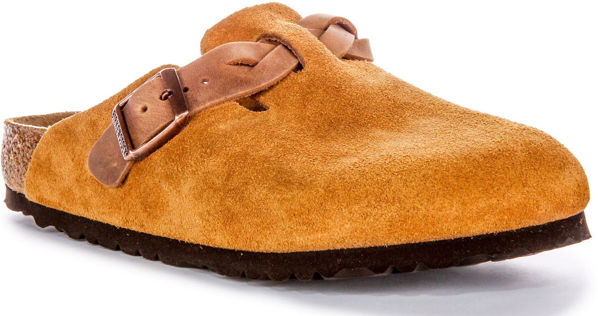 Birkenstock Boston Clogs | Pelle scamosciata color visone - cinturino intrecciato da donna