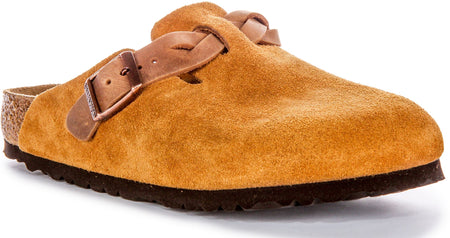 Birkenstock Boston Clogs | Pelle scamosciata color visone - cinturino intrecciato da donna