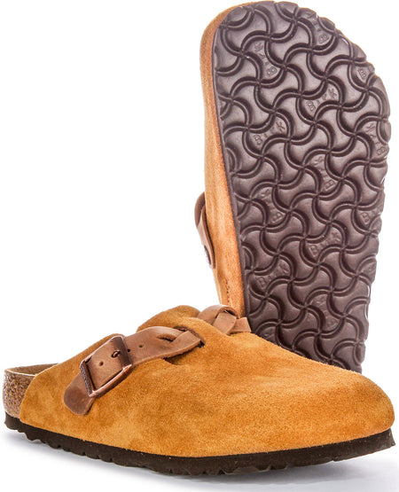 Birkenstock Boston Clogs | Pelle scamosciata color visone - cinturino intrecciato da donna