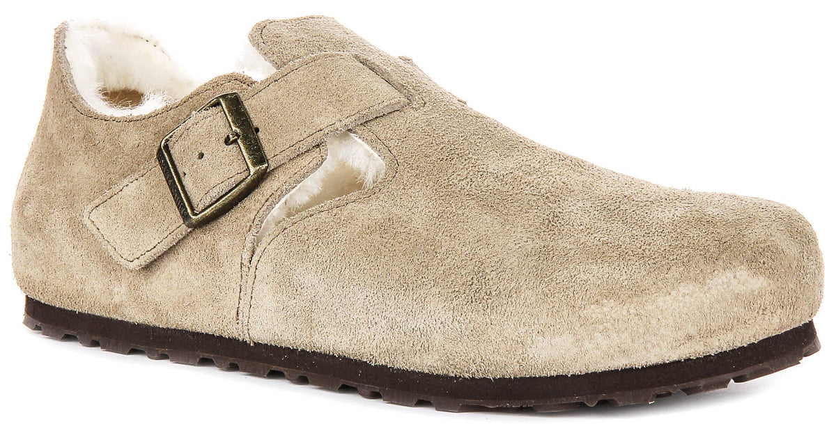 Sabots Birkenstock London | cuir suédé doublé de peau lainée taupe pour homme et femme - coupe étroite