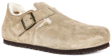Sabots Birkenstock London | cuir suédé doublé de peau lainée taupe pour homme et femme - coupe étroite