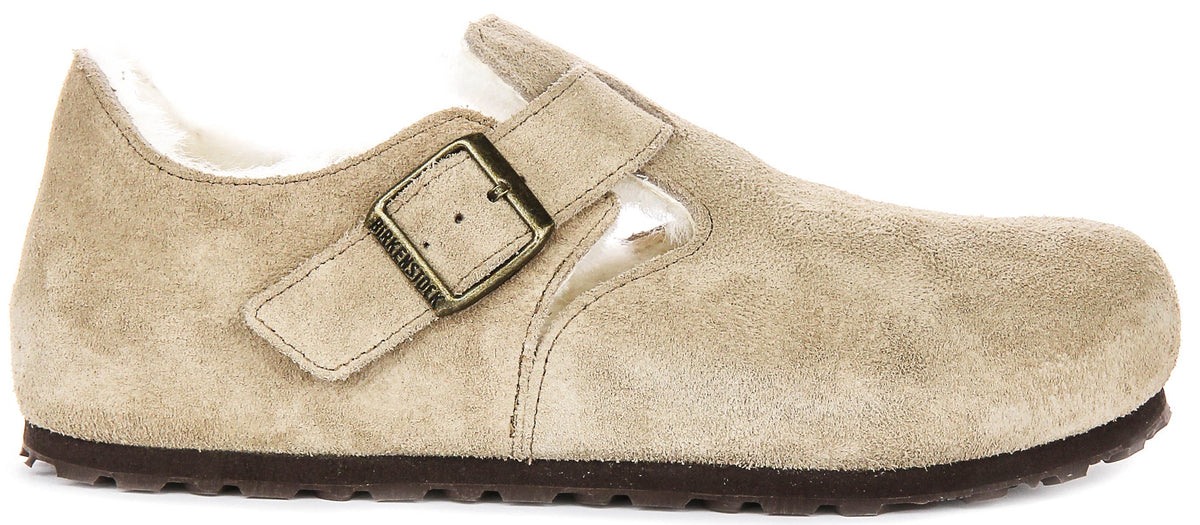 Sabots Birkenstock London | cuir suédé doublé de peau lainée taupe pour homme et femme - coupe étroite