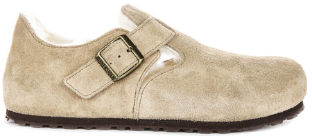Sabots Birkenstock London | cuir suédé doublé de peau lainée taupe pour homme et femme - coupe étroite