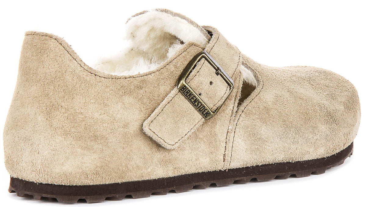 Sabots Birkenstock London | cuir suédé doublé de peau lainée taupe pour homme et femme - coupe étroite