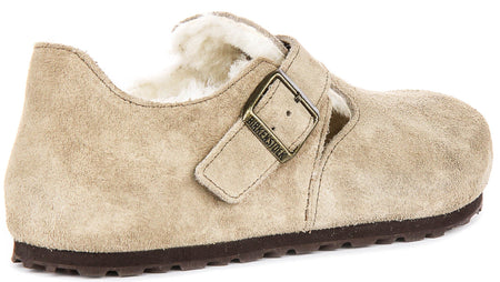 Sabots Birkenstock London | cuir suédé doublé de peau lainée taupe pour homme et femme - coupe étroite