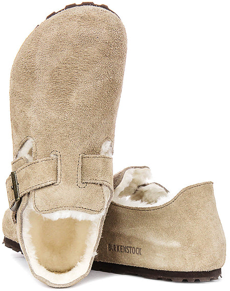 Sabots Birkenstock London | cuir suédé doublé de peau lainée taupe pour homme et femme - coupe étroite