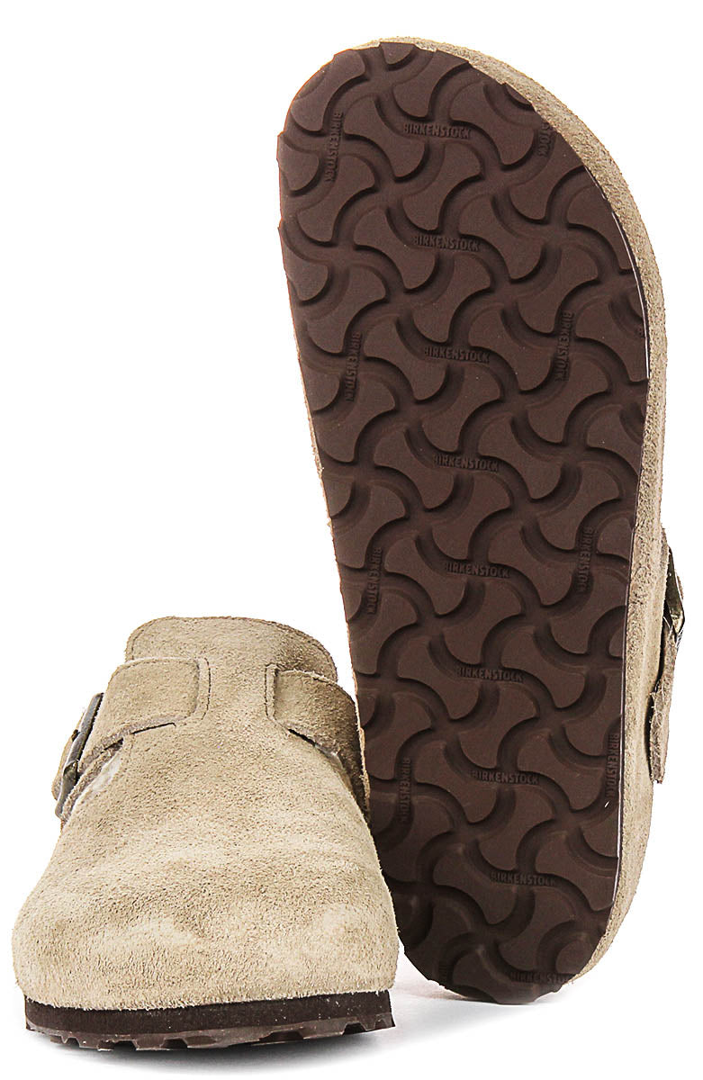 Sabots Birkenstock London | cuir suédé doublé de peau lainée taupe pour homme et femme - coupe étroite