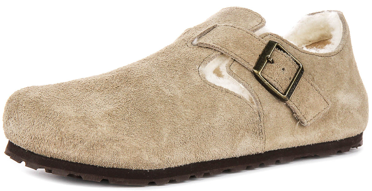 Sabots Birkenstock London | cuir suédé doublé de peau lainée taupe pour homme et femme - coupe étroite
