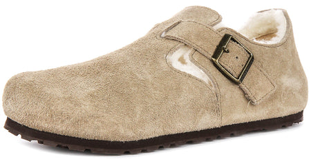Sabots Birkenstock London | cuir suédé doublé de peau lainée taupe pour homme et femme - coupe étroite